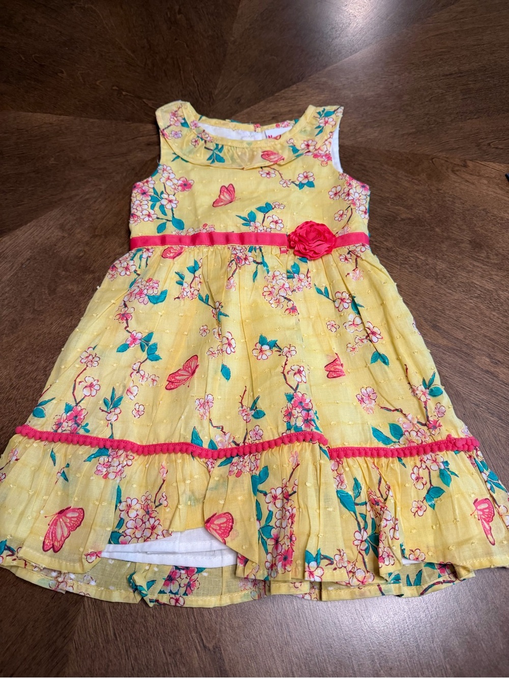 Nannette Yellow Floral Dress with Pink Trim and Rose